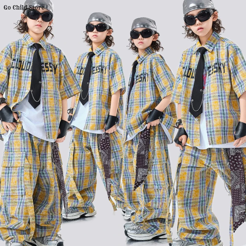 Hip hop meninas camisa xadrez calças de carga meninos moda roupas de dança de rua conjunto crianças adolescentes streetwear crianças k-pop jazz traje
