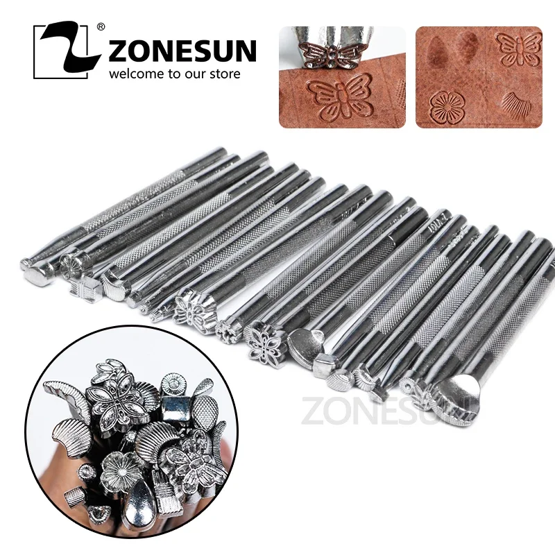 ZONESUN DIY Alloy Metal Leather Working Saddle Making Tools Set Carving Leather Craft Stamps Set Leather Stamping Tools Pattern