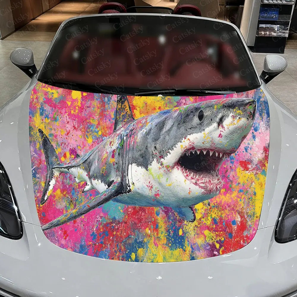 Awesome Colorful Shark Car Hood Stickers - Self-Adhesive, Waterproof and Durable Vinyl Wrap, Decorate And Protect Your Car - The