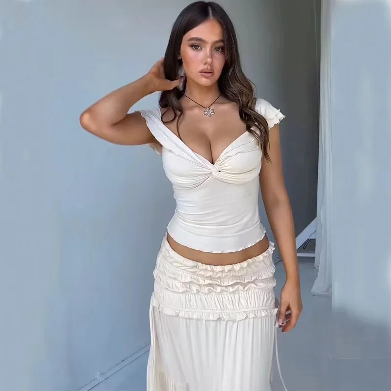 2024 New 2 Piece Set Women Outfit Crop Top And Skirt Sets Fashion Summer Outfits For Women Vacation Ruffle Beach Holiday Outfits