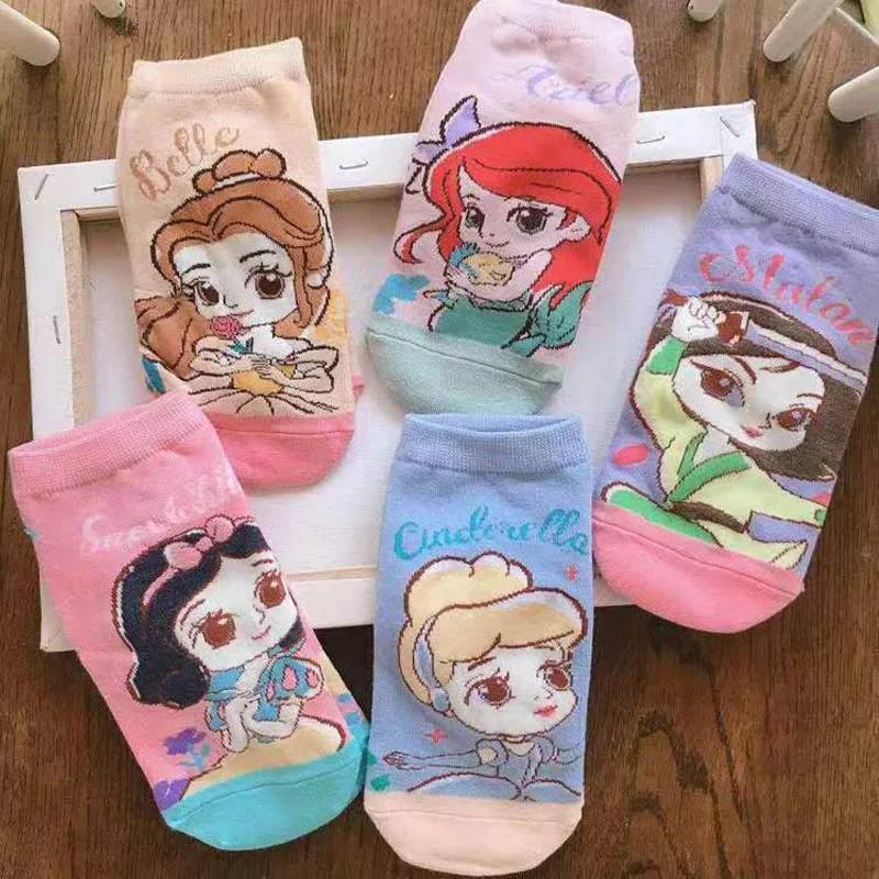 

5 pairs Disney Anime Princess Socks Mermaid Ariel Hua Mulan Cartoon Cotton Socks Girl Woman Non-slip Breathable Short Socks