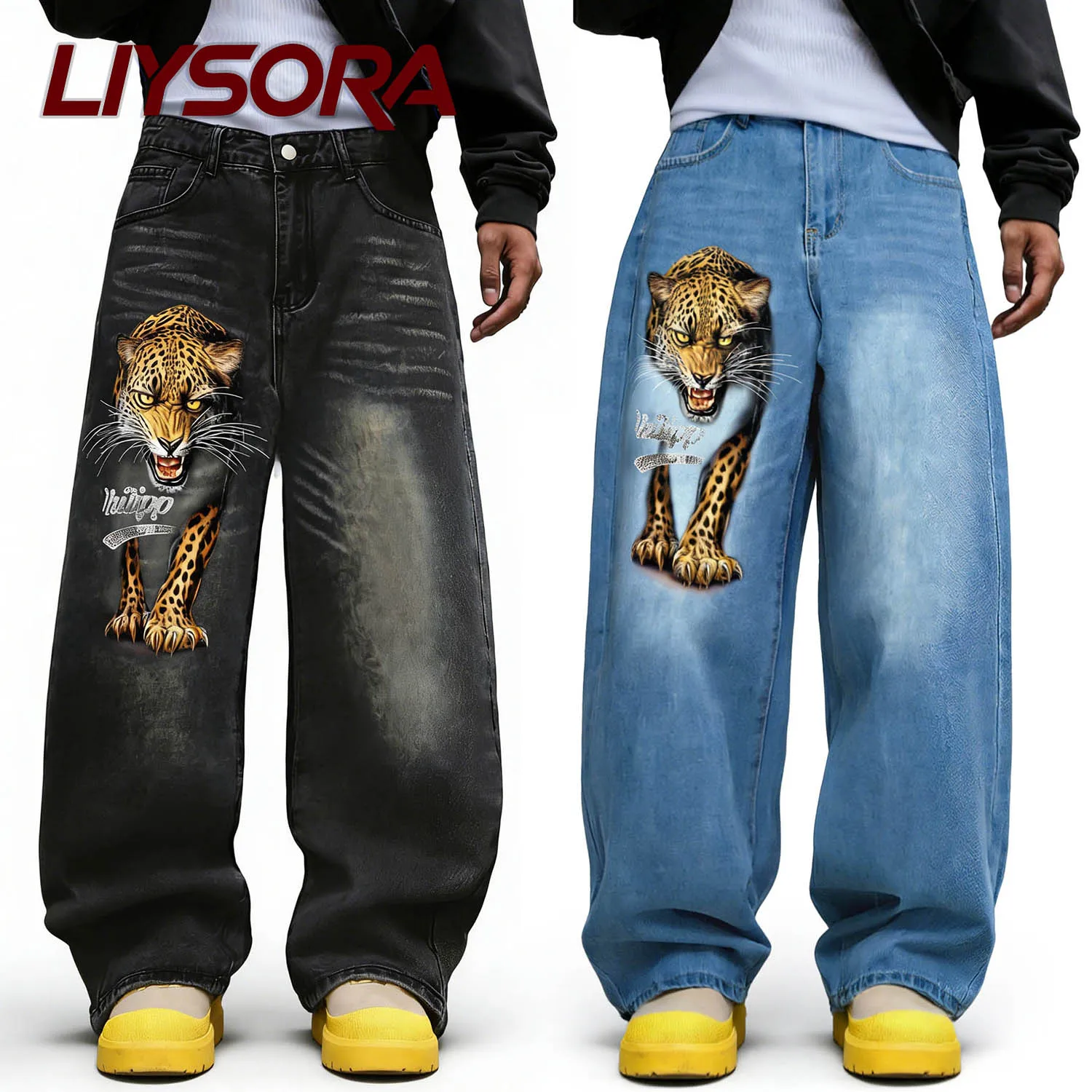 

LIYSORA американские ретро леопардовые ультра мешковатые широкие джинсы модные свободные прямые джинсовые брюки большого размера одежда унисекс