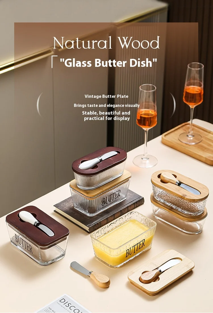 

West-style Glass Sealed Butter Box with Lid And Knife Long Rectangle Fresh-keeping Home Use Cheese Box