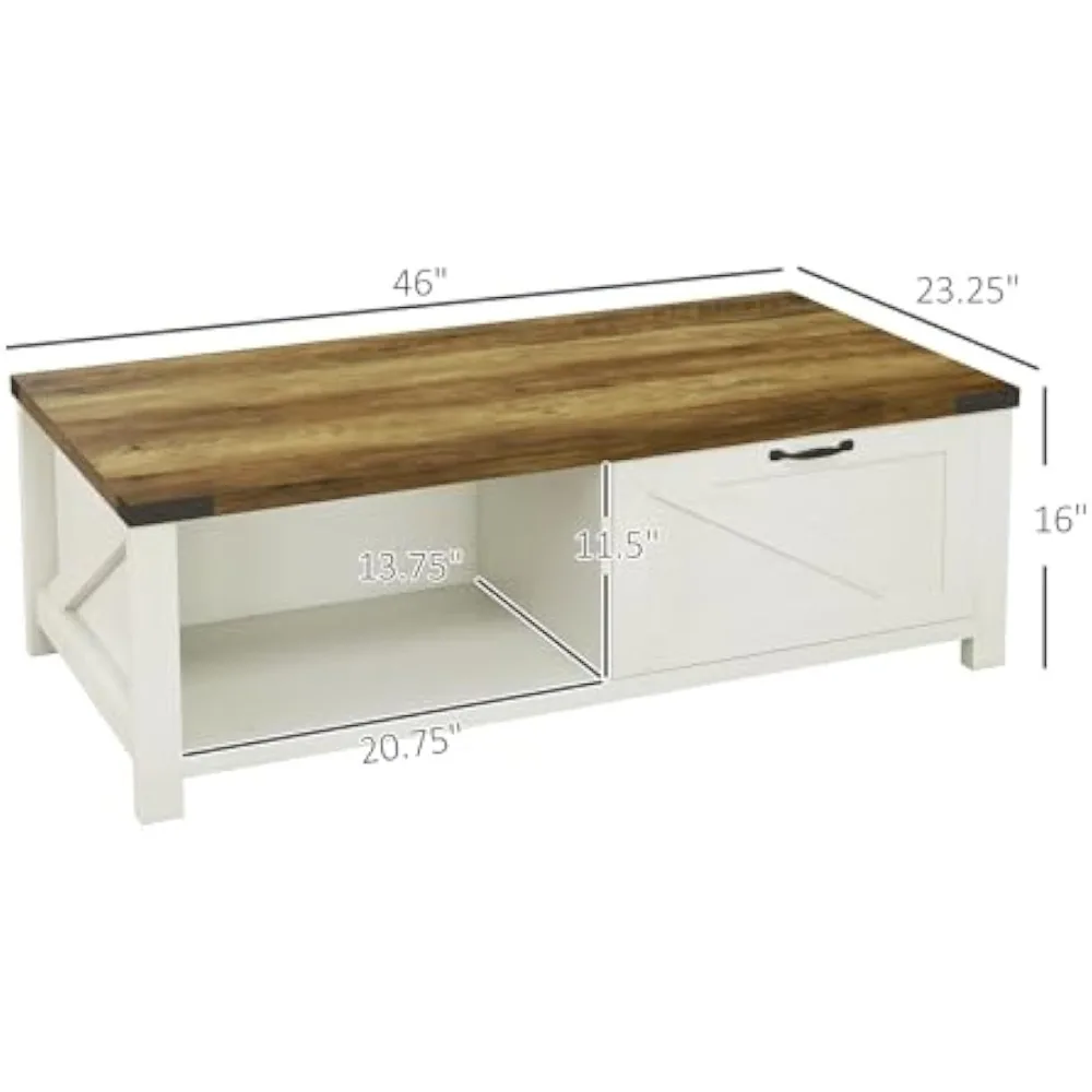 Rustic Farmhouse Style Coffee Table with Storage Drawer and Open Shelf, White for Living Room