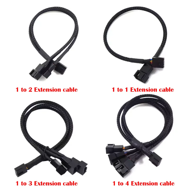 4 Pin Pwm Fan Extension Cable 1 To 4/3/2/1 Ways Fan Power Extension Adapter Cable Splitter Black Sleeved Braided Cable 27cm