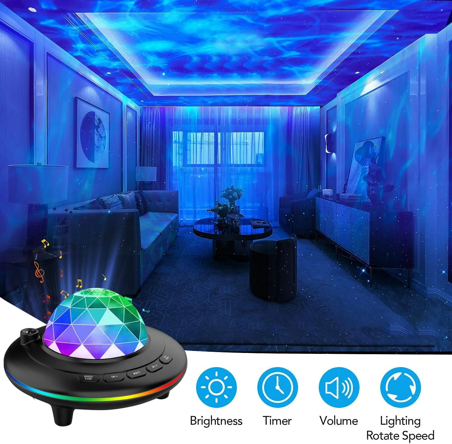 Imagem -02 - Ocean Wave Nebula Cloud Night Light com Alto-falante Musical Perfeito para Decoração de Natal e Presentes Cor Preto e Branco