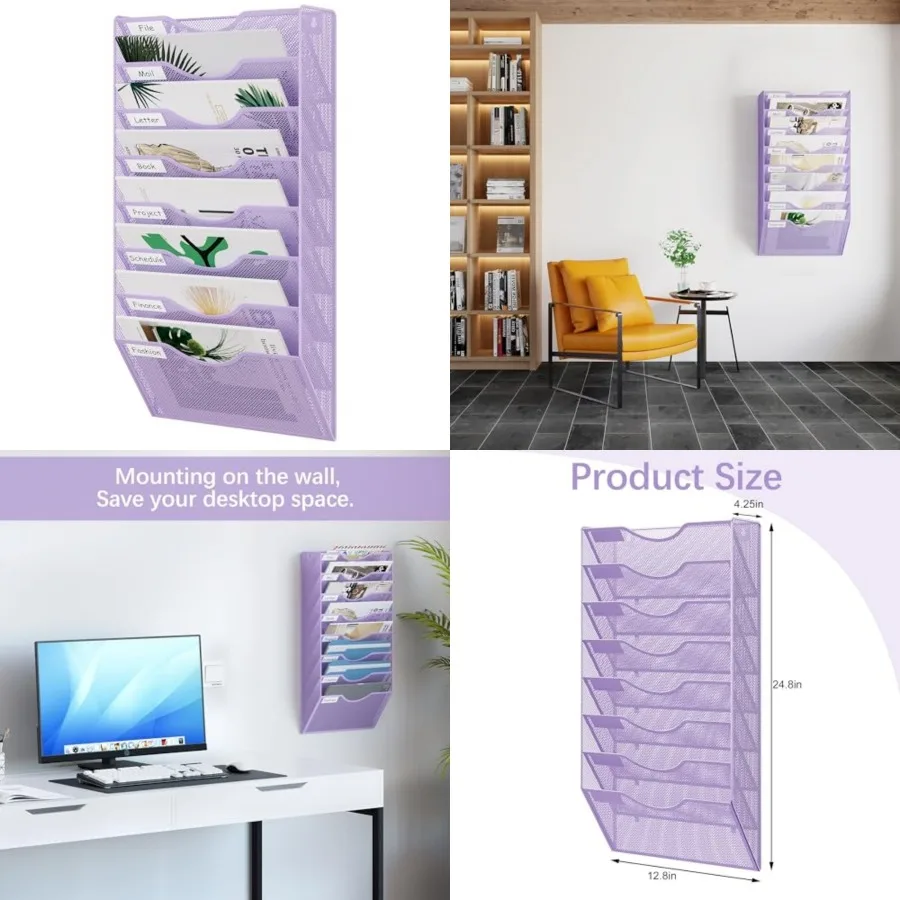 

8 Pocket Mesh Wall File Organizer, Hanging Paper Folder Holder with Classify Label, Vertical Wall Mount Mail Organizer for Offi