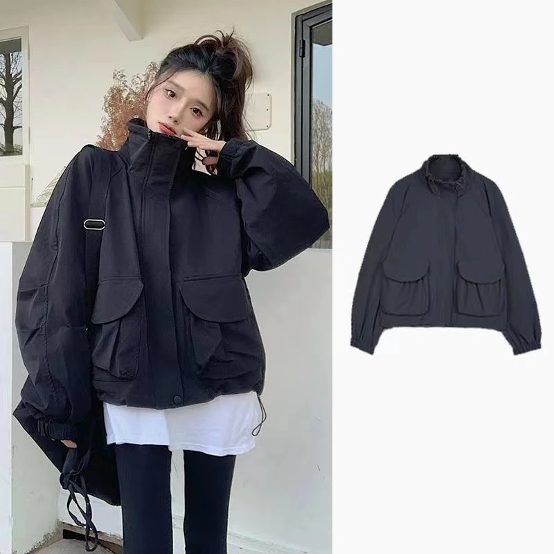 

Harajuku Oversize Jackets Women 2024 BF Style Chic Double Pocket Windbreaker Jacket Coats Korean Autumn Solid Loose Outerwear