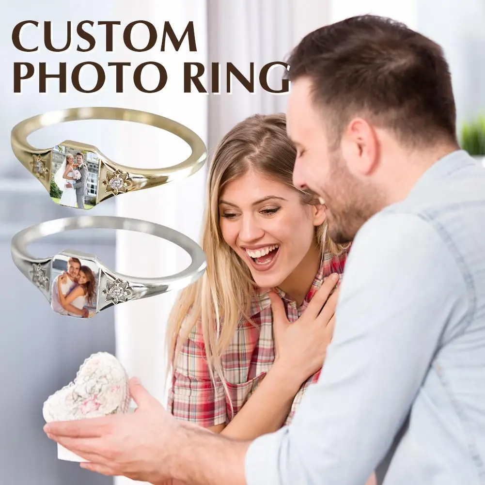 YENI Özelleştirilmiş Kazımayı Fotoğraf Paslanmaz Çelik Aile Charm Takı Erkek Sevgilisi Kişiselleştirilmiş Nişan Hediyeleri Yüzükler Düğün H1A6