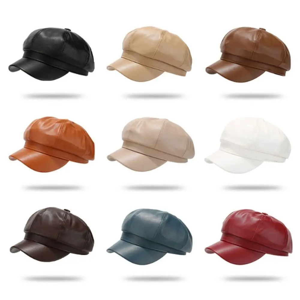 Creative Gift PU Leather Newsboy Hat Octagonal Solid Color Beret Hat Casual Curved Brim Peaked Cap Cold Weather Use