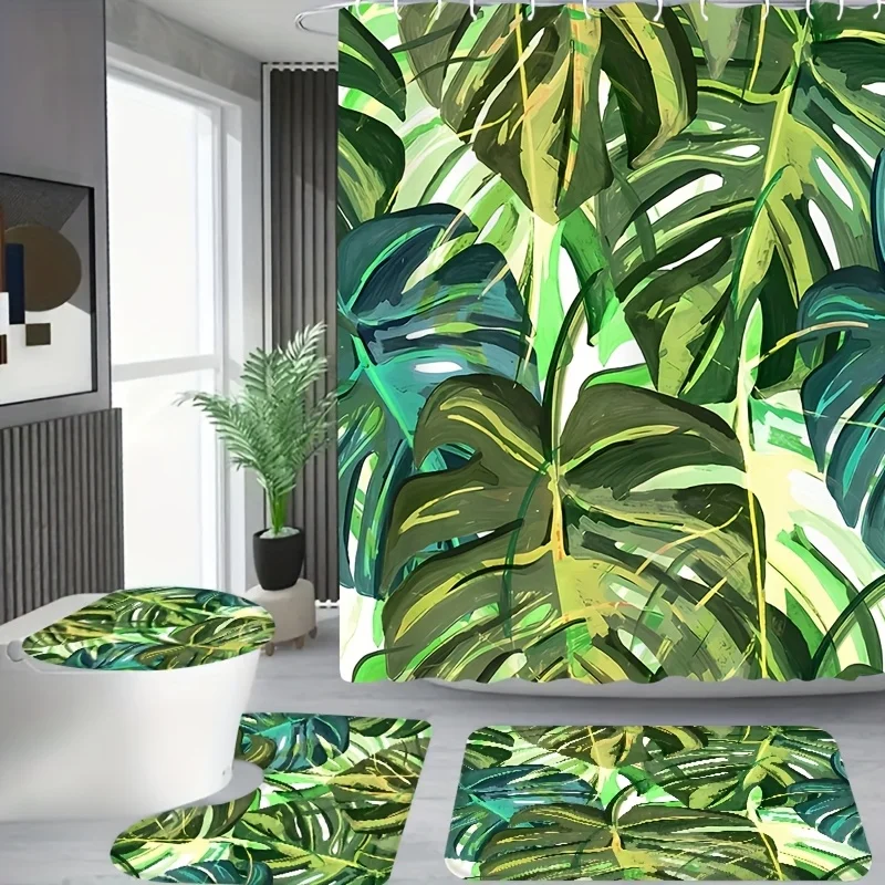 

4 шт., узор тропической зелени, ванная комната с отделением, занавеска для душа в душевой комнате, комплект занавесок для душа в отеле, с 12 крючками