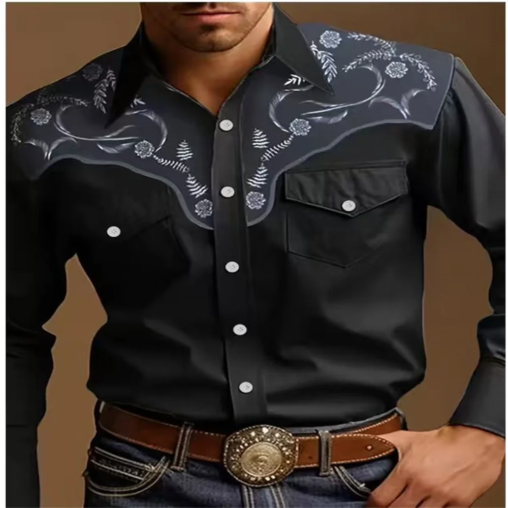 2025 Camisa de vaquero Western negra de manga larga con patron القبلية الفقرة hombre، أوتوندو الفقرة أدواتينز الغربية، camisa