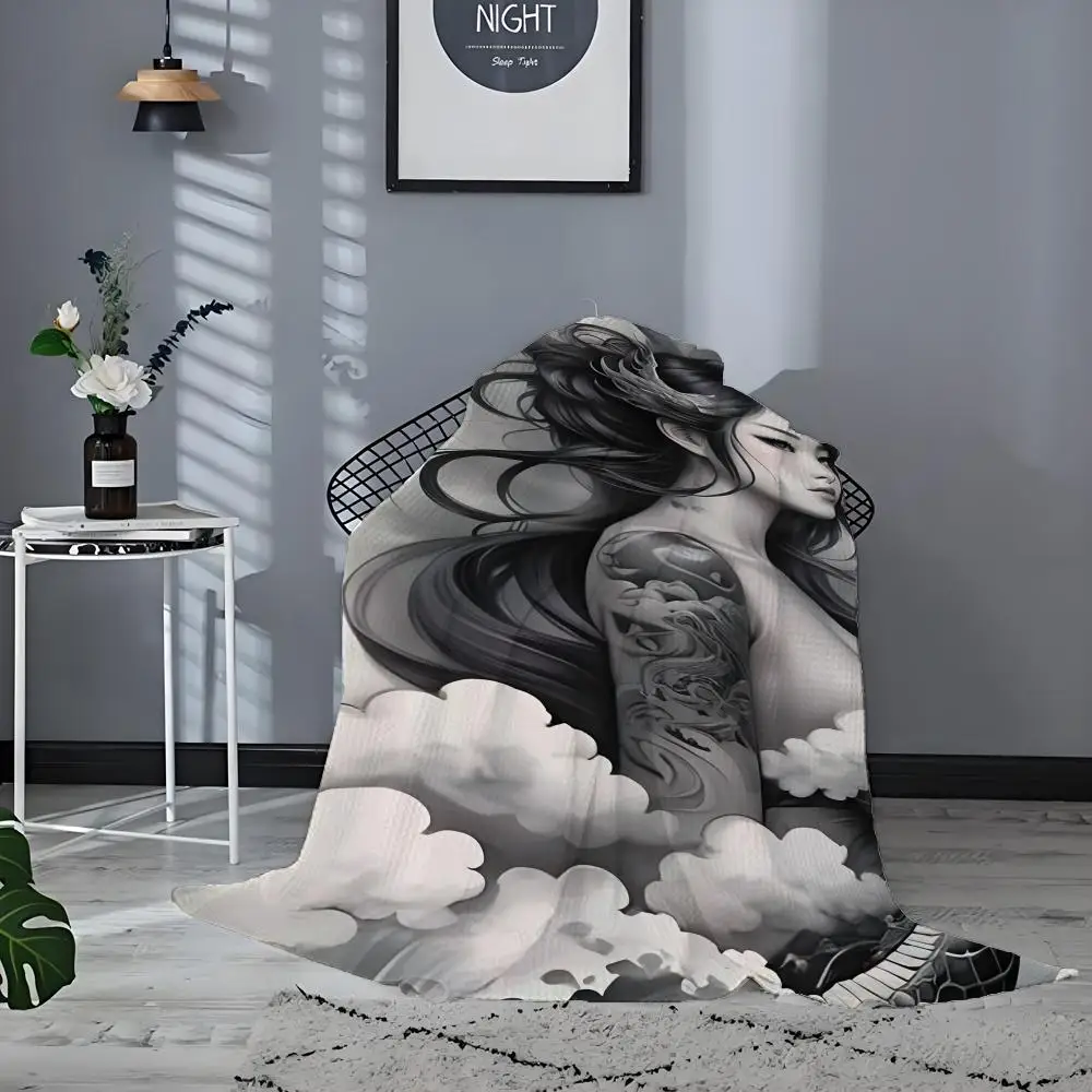 

Japanese dragon geisha art Throw Blanket Aesthetic Art Flannel Blanket Portable Home Travel Camping Sofa Picnic Thickening Flan