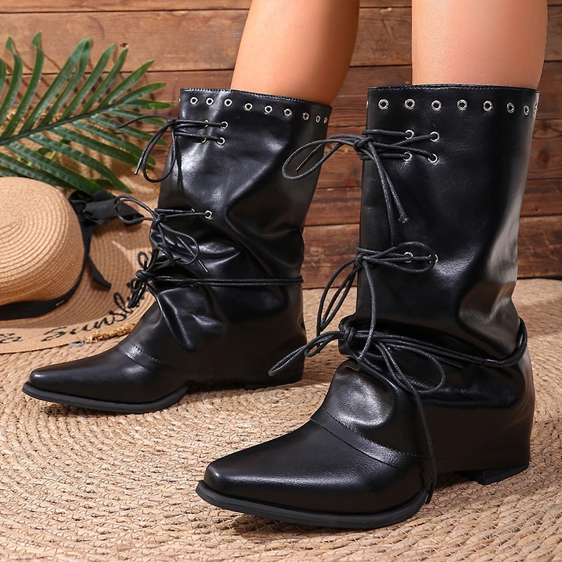 Black Slouchy High Heel Ankle Boots Women 2026 Autumn Pu Leather Pointed Toe Short Boots Woman Wide Leg Thick Heeled Botas Mujer