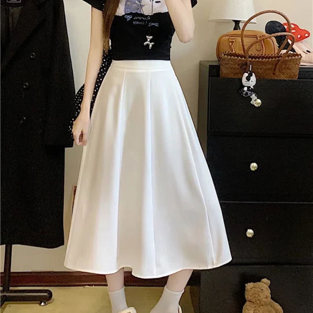 

2025 Summer High Wasit Pleated Skirt for Women Clothing Korean Style Casual Vintage Black Pink White a Line Long Skirts