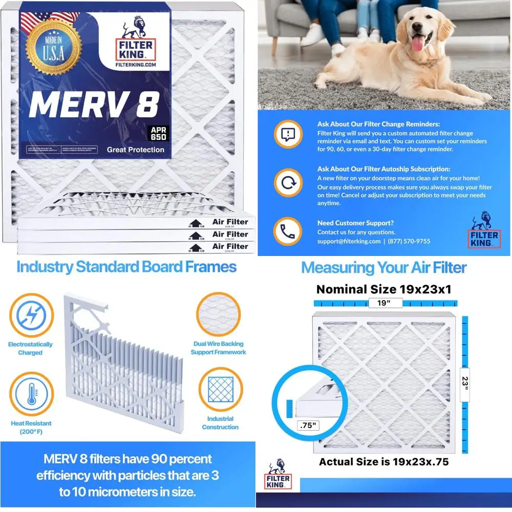

Merv 8 Pleated Air Filters 19x23x1 Inch - 6 Pack HVAC A/C Furnace Filters Made in USA - Actual Size 19x23x0.75 Inches
