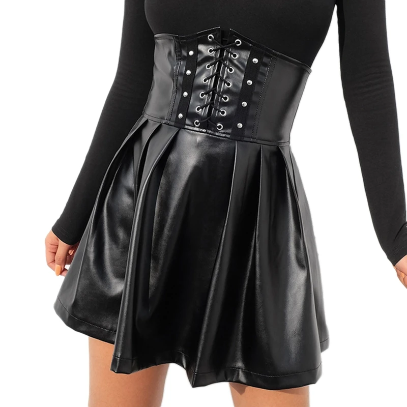 Women Gothic Faux Leather High Waist Corset Lace-Up Bustier Mini Pleated Skirt Dropship