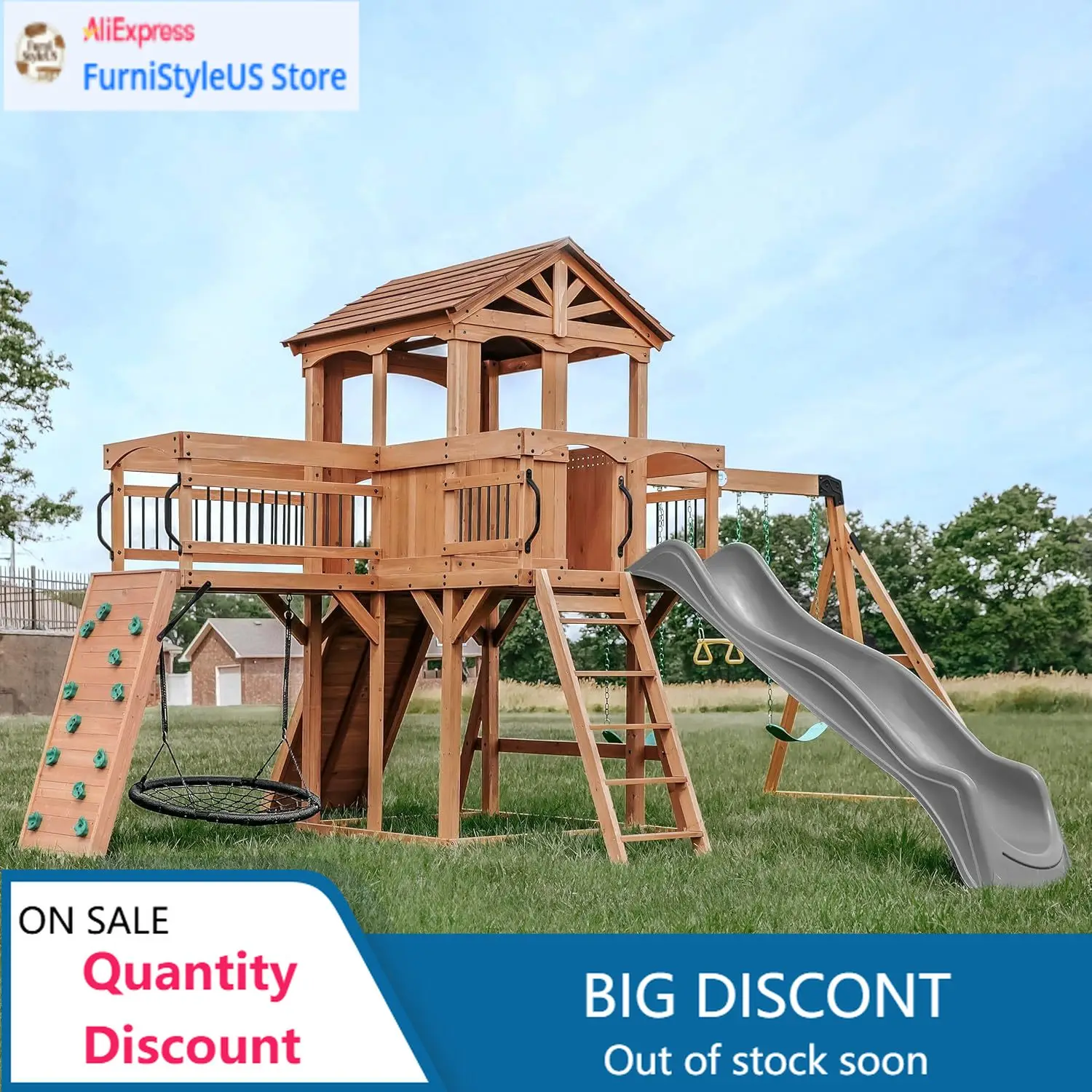 

Современный деревянный игровой комплекс ModernSterling Point из кедра с волновой горкой, приподнятым домиком, деревянным мостом, скалодромом, ременными качелями, сетчатыми качелями, T-образными качелями