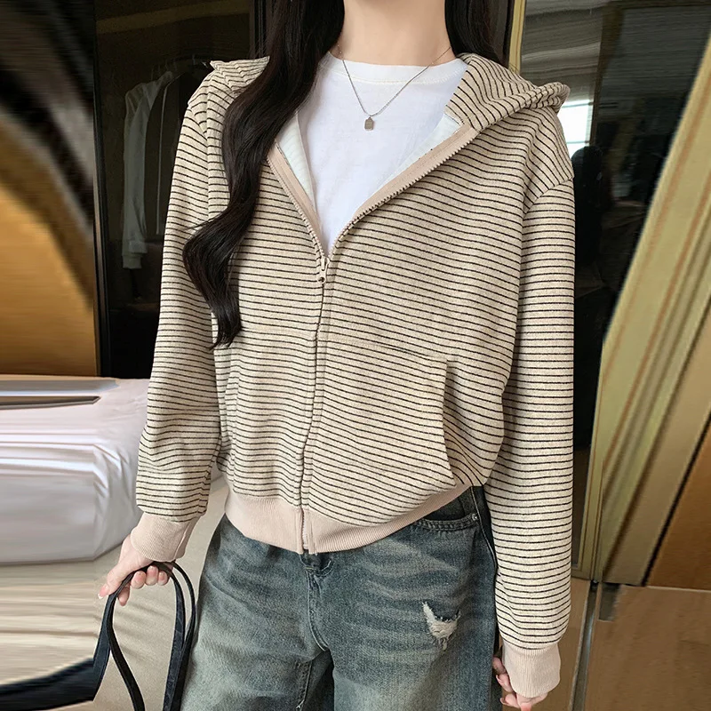 Loose Relaxed Striped Hooded Jacket Versatile Soft Casual Retro Zipper Cardigan Long Sleeves Casual Sweatshirt .