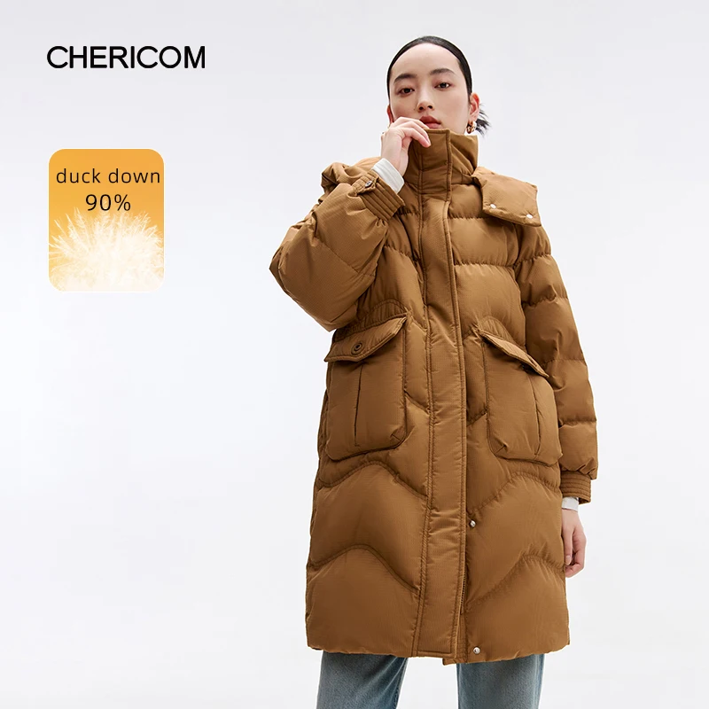

Chericom Large Pockets Down Jacket Hood Mid-length Duck Down Filled Loose Women's Winter Coat Windproof Female Clothing Y308200Y