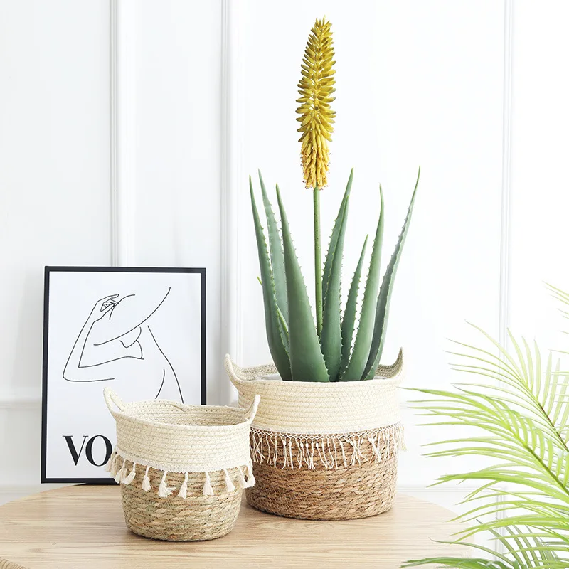 Pastoral style straw flower pot hand-woven flower basket Nordic living room interior decoration simulation tiger skin orchid gre