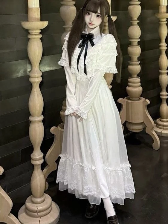 Vestido japonés de encaje con lazo de manga corta, falda larga ajustada blanca, estilo dulce, traje para cita diaria de otoño 2025, ropa informal elegante para mujer
