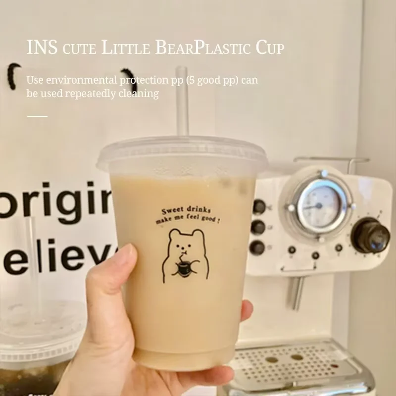 Large Capacity Plastic Straw Cup Portable Coffee Milk Tea Beverage Cartoon Bear Drinking Tool Coffee Plastic Cup