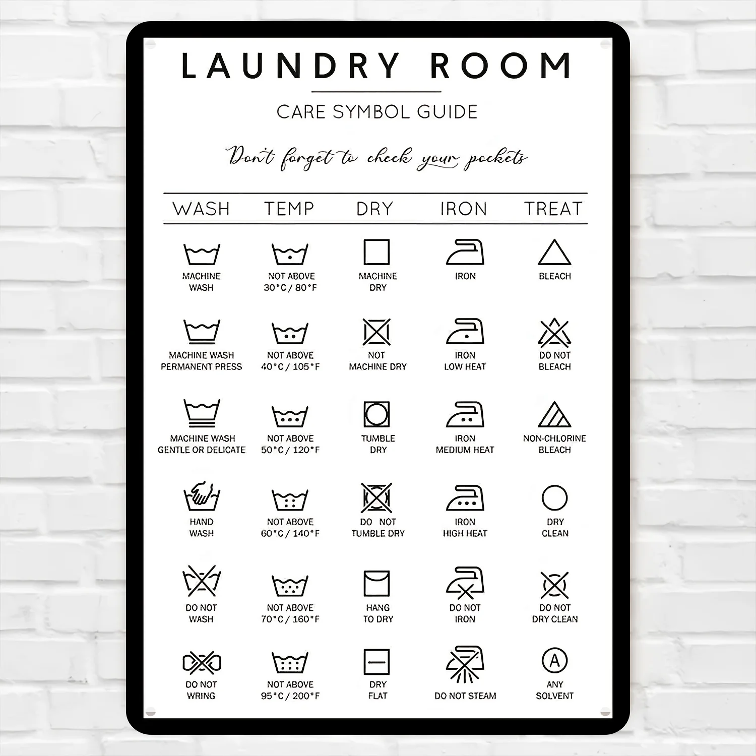 Letrero guía vintage para cuarto de lavado, decoración de pared de metal duradera con símbolos de cuidado para ropa, arte ret
