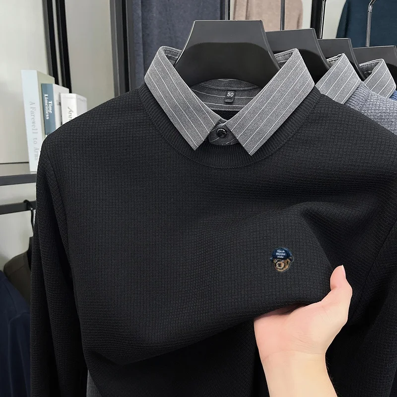 Men's Luxury Autumn Winter High-End False Two-Piece Shirt Collar Embroidery Knit Cartoon Pullover Fashion Leisure Men's Clothing