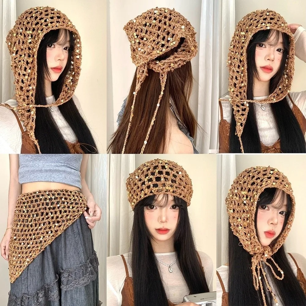 Retro Sequined Triangular Scarf Multi-functional Bohemian Hollow Shawl Countryside Style Ethnic Style Fart Curtain Summer