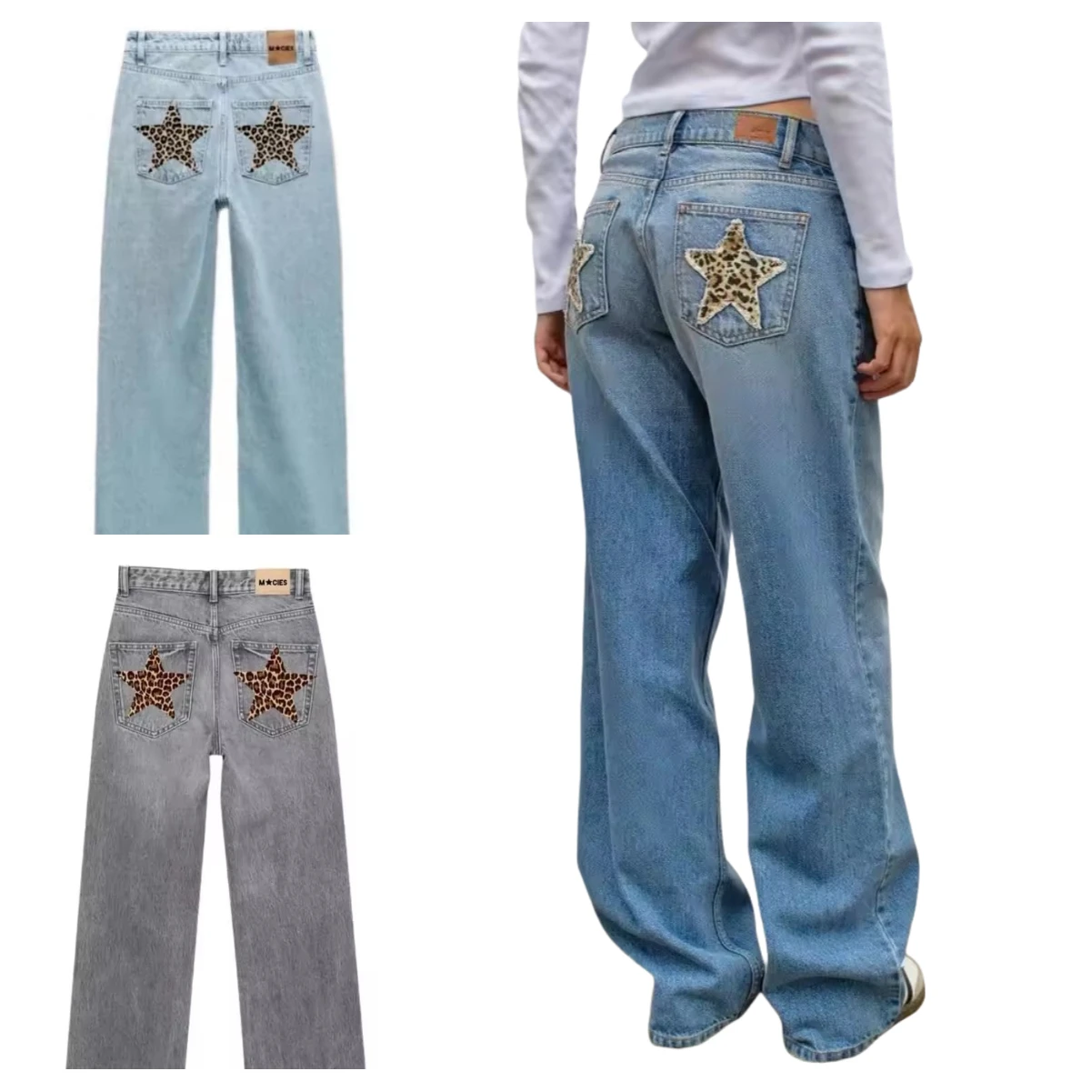 Oversized estrela bordado padrão baggy jeans feminino harajuku retro em linha reta casual cintura alta jeans goth hip hop denim calças