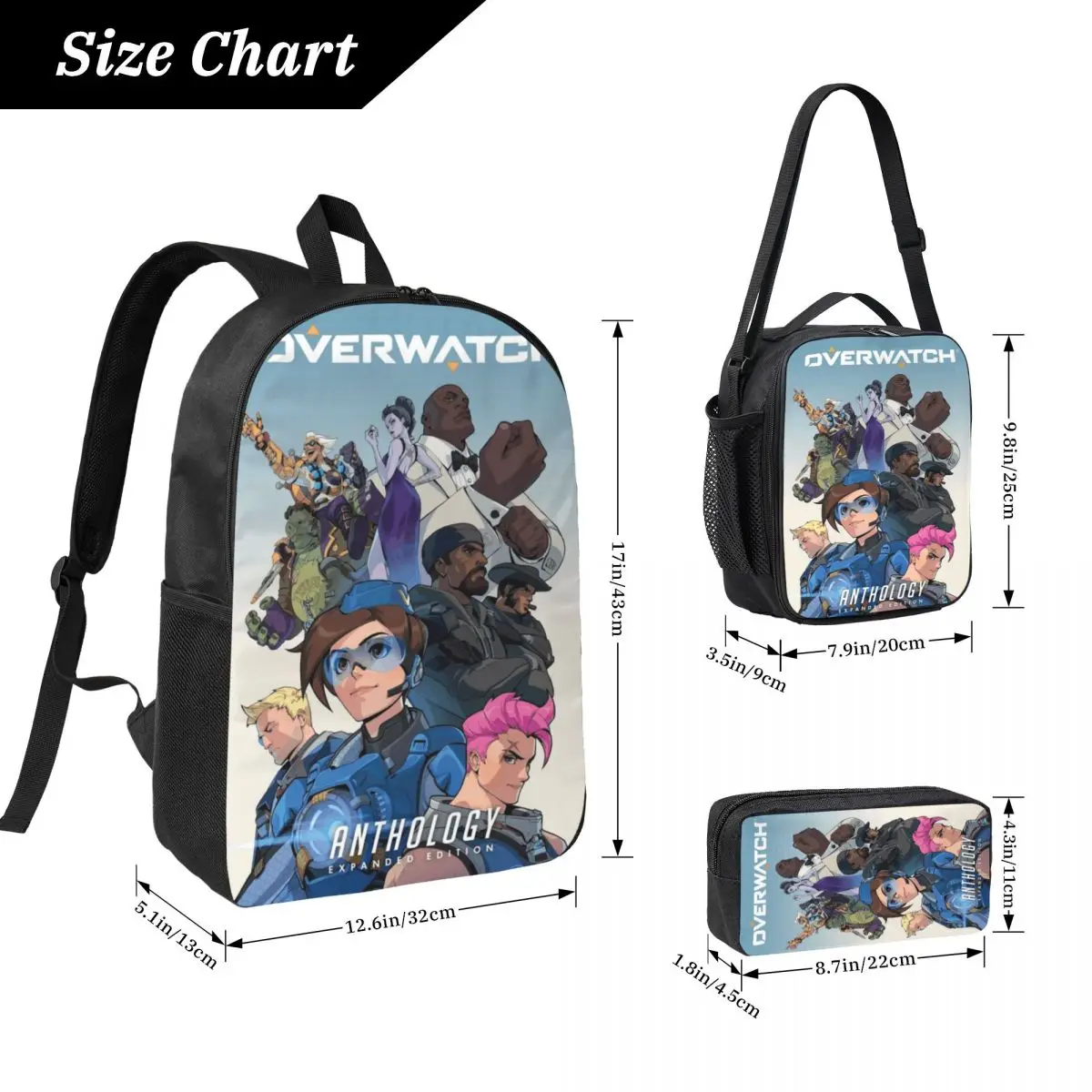 3Pcs Overwatch Video Game Theme School bags Set for Kids Pen Bags Backpack Sets with Lunch Box For School Students Daypack