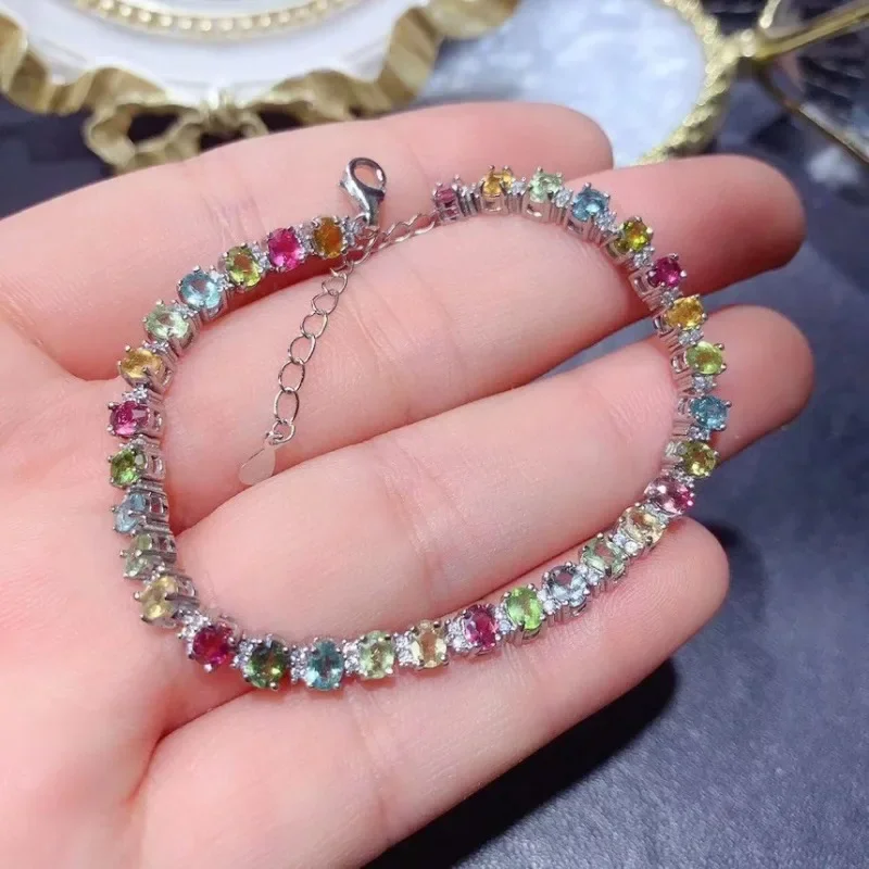 Natural Tourmaline Bracelet for Women 925 Silver Luxury Jewelry Colorful 4mm*3mm Gemstones Wedding Gift Free Shipping