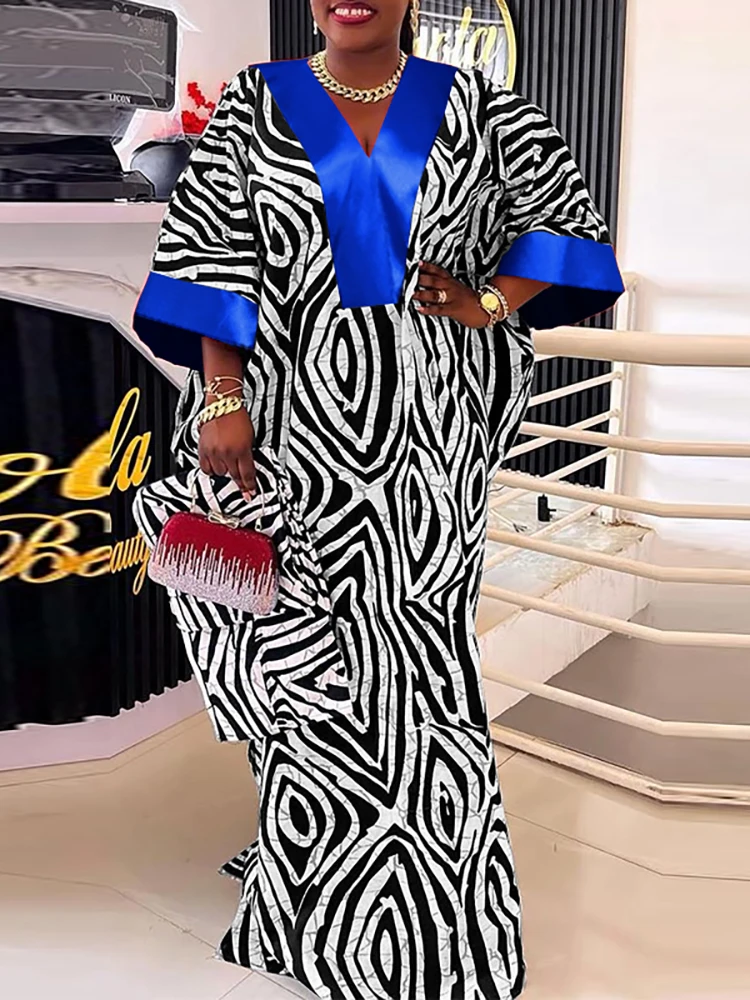 

Plus Size 5XL VONDA Vintage Maxi Dresses Women Flare Sleeve Satin Sundress V-Neck Printing Patchwork Long Vestidos Party Robe