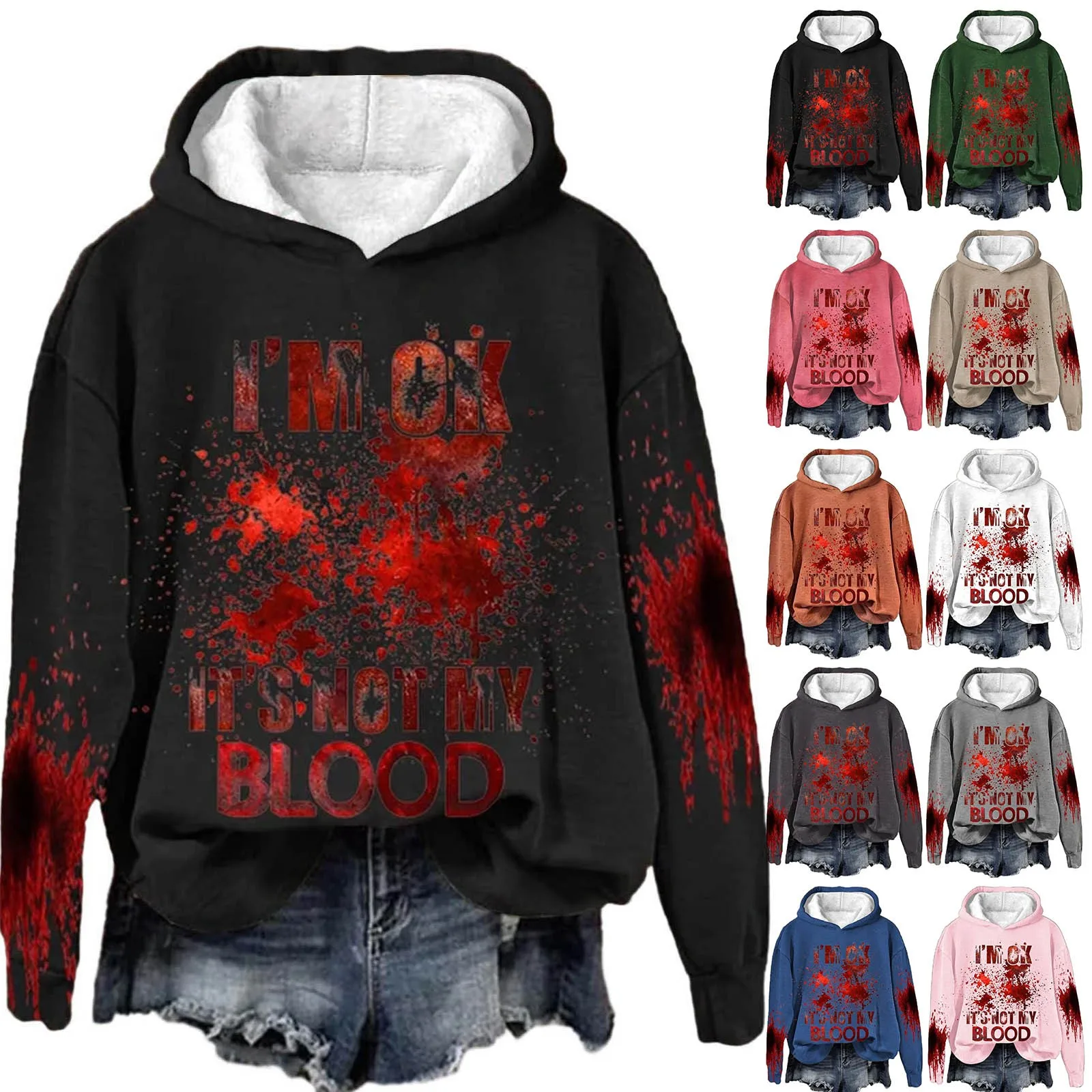 

Halloween Hooded Sweatshirt For Women Long Sleeve Color Block Hoodies Gothic Style Thick Fleece Clothes Vacation Autumn Tops 후드티