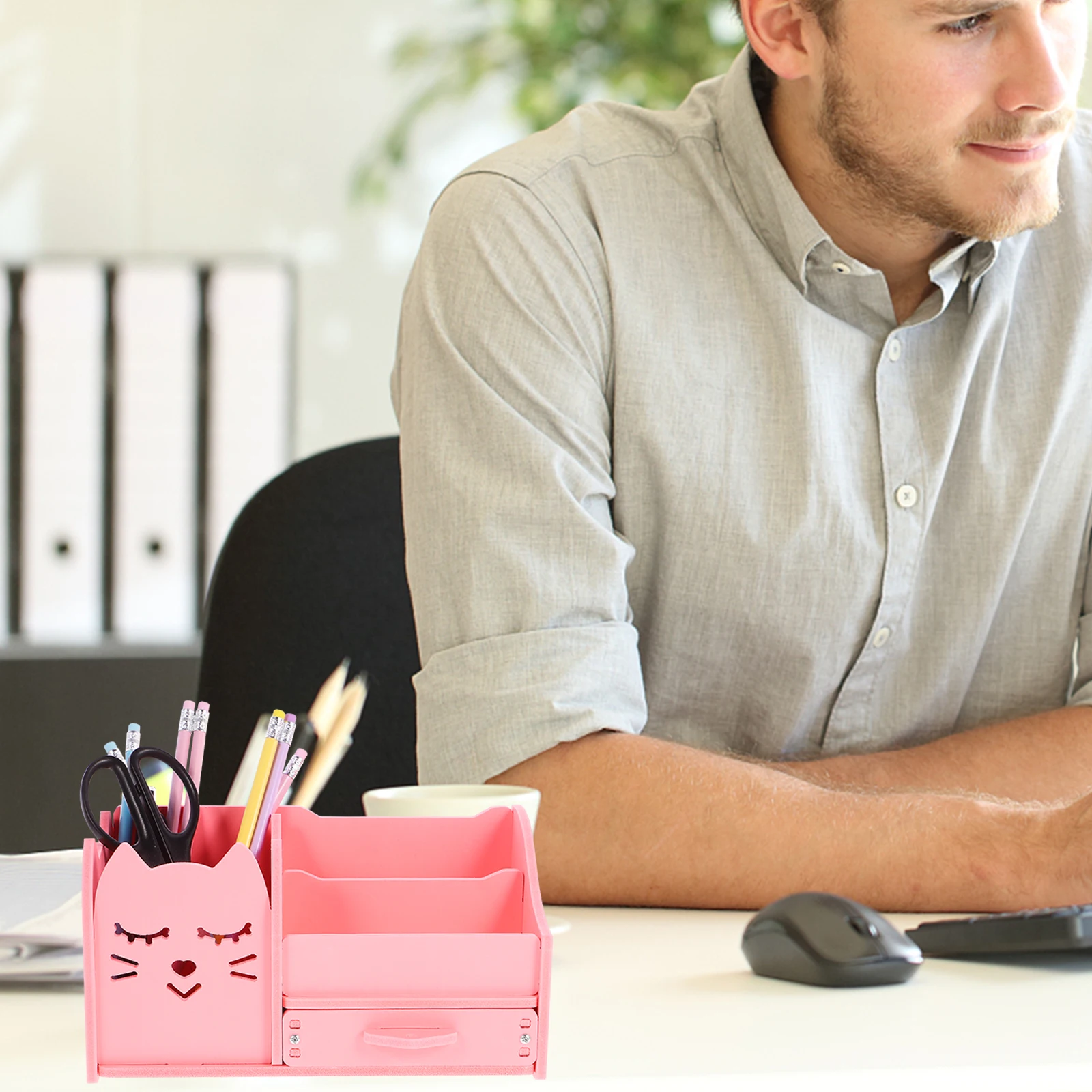 

4 Compartment Pen Holder Stationery ganizer Multi functional Large Capacity Pink Cat Design Storage Box for School