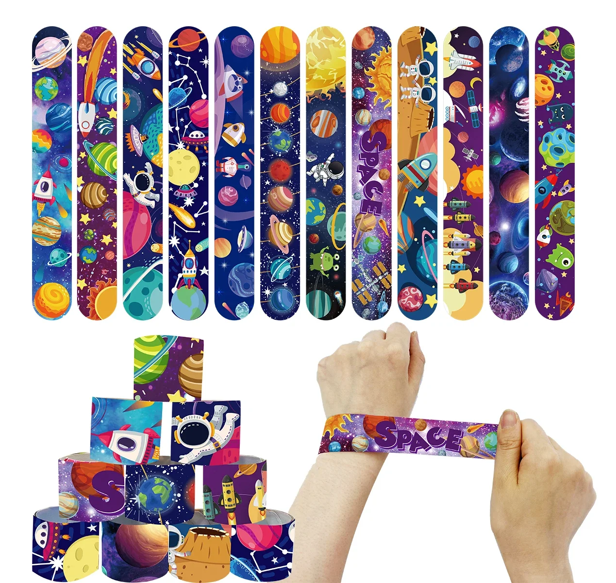 12pcs Space Astronaut Slap Bracelets Outer Space Party Gifts Astronaut Rocket Bracelets Kids Boys Happy Space Birthday Party