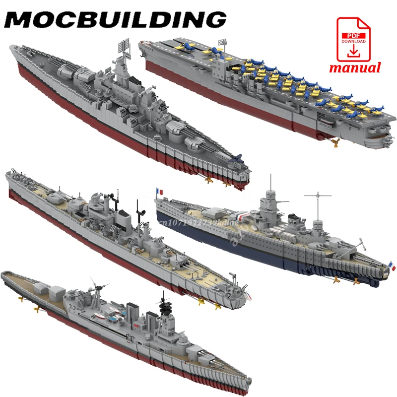 WW2 Battlecruiser Bricks Model MOC Building Aircraft Fighter Carrier Ship USS Construction Artillery Heavy Cruiser Blocks Toys