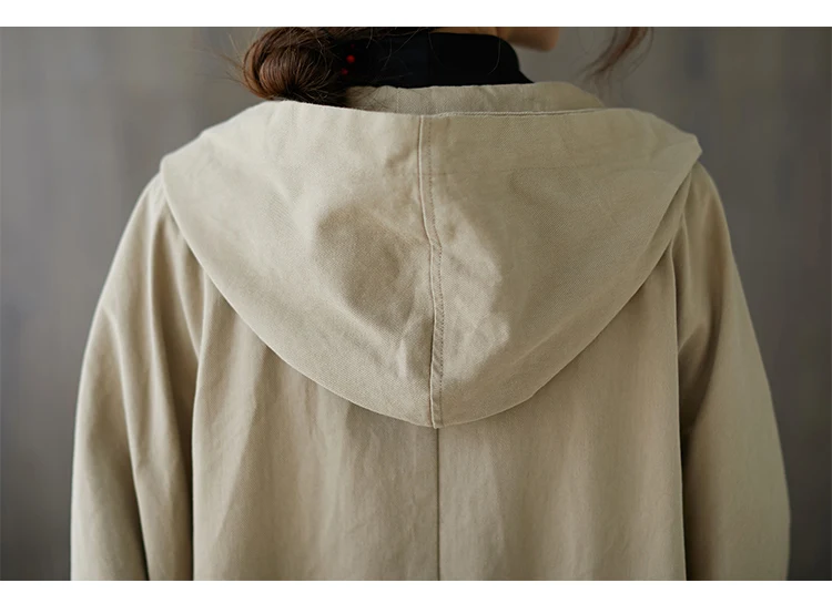 JIAYAN 2025 Musim Semi Baru Parit Sastra Longgar Ukuran Besar Panjang Lutut Saku Besar Jas Hujan Wanita Berkerudung Mantel Santai Komuter