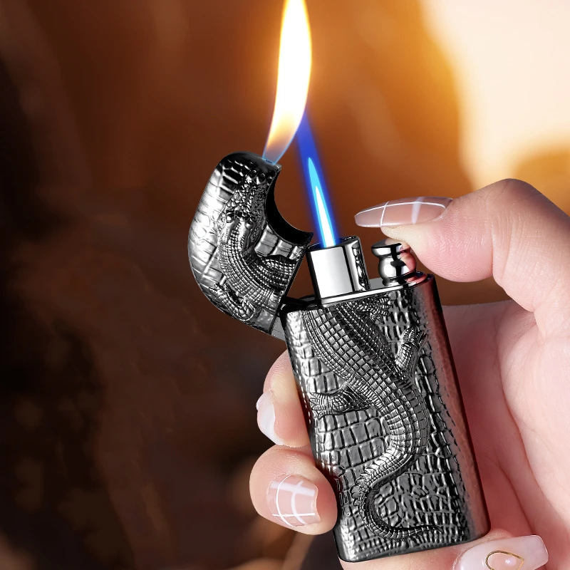 Metal Three-dimensional Relief Crocodile Lighter Windproof Dual Fire Conversion Inflatable Butane Lighter for Men's Small Tools