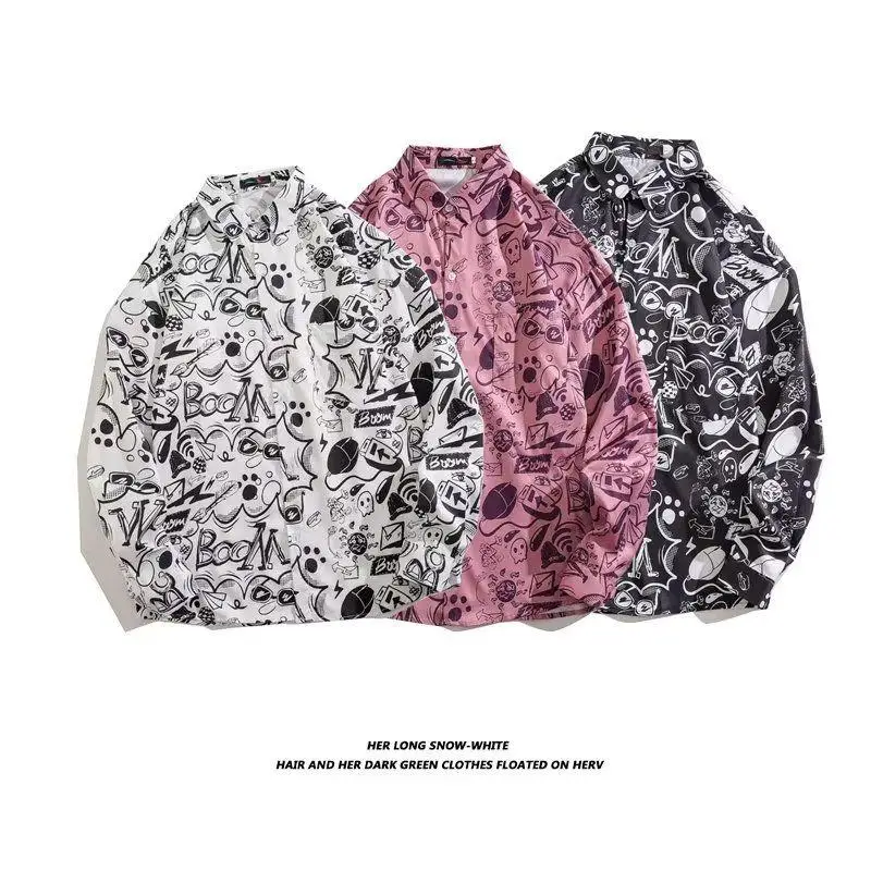 

Spring Vintage Floral Long Sleeve Loose Fit Thin Men's Shirt Korean Style Couple's Outerwear Casual Fashion Polyester