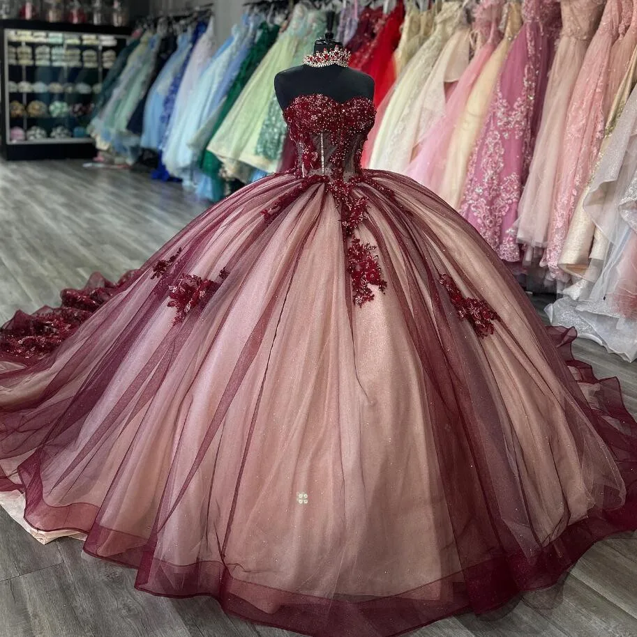 Burgundy Princess Luxury Quinceanera Dresses Beaded Floral Applique Boning Corset vestidos para 15 años Sweet 16 customsized