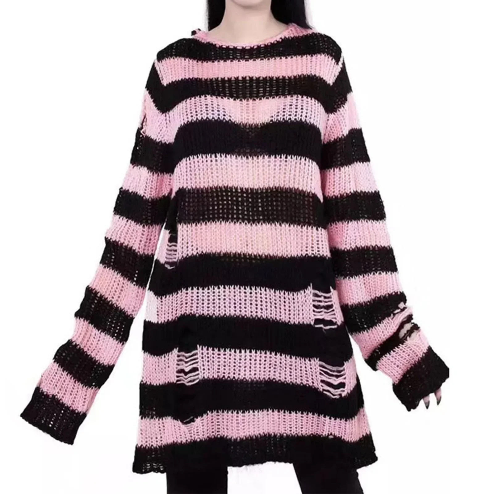 Women Hollow Knit Sweater Adults Color Block Stripe Pattern Long Sleeve Round Neck Pullover