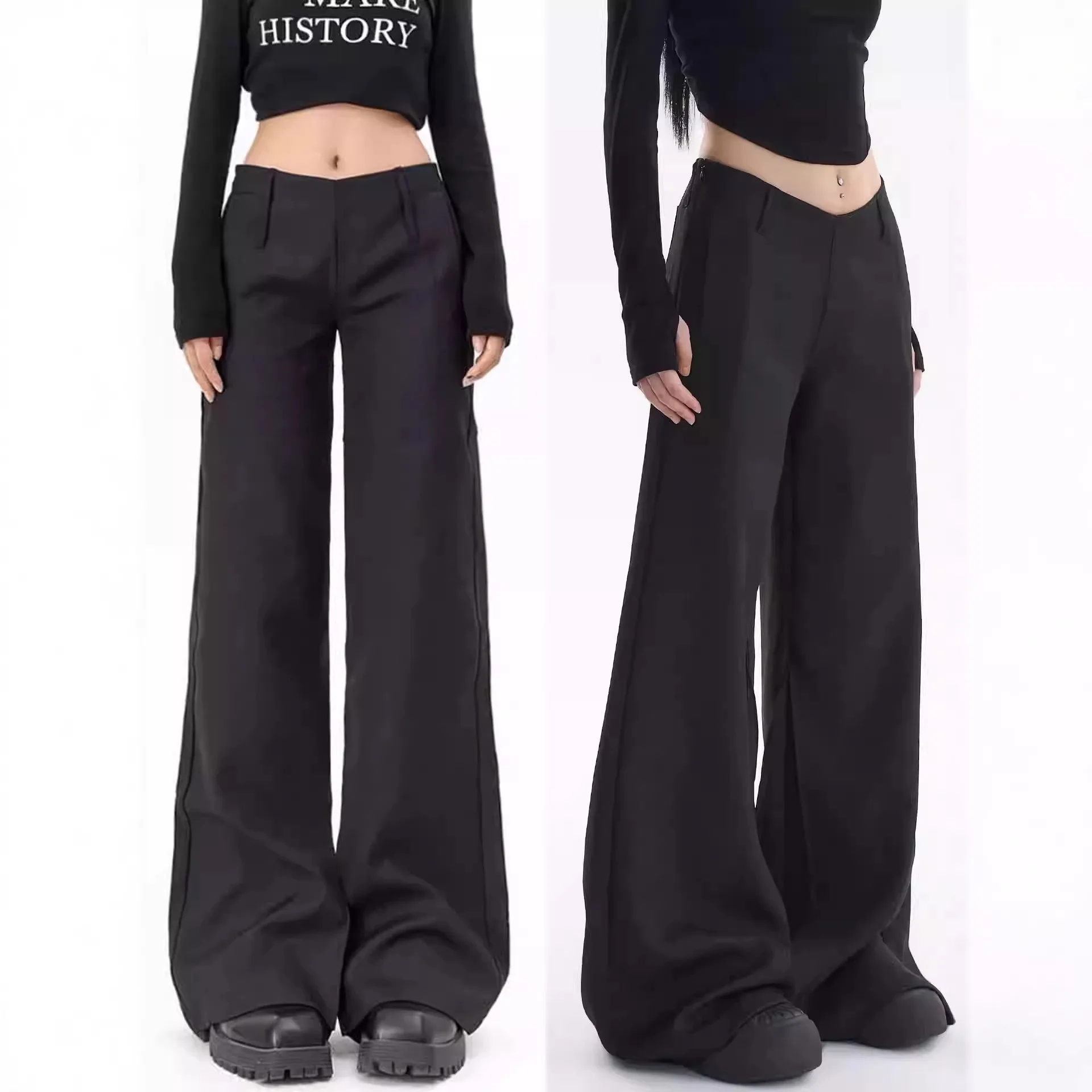 

Весенние женские брюки с низкой талией, зауженные, элегантные, широкие, из полиэстера, драпированные, для офиса, с застежкой на пуговицах