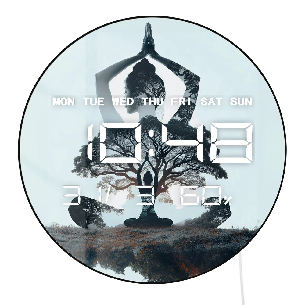 

Светодиодные цифровые настенные часы «Древо жизни» для медитации и йоги с календарем, термометром и автоматическим затемнением, 12/24-часовой формат, электронные настенные часы