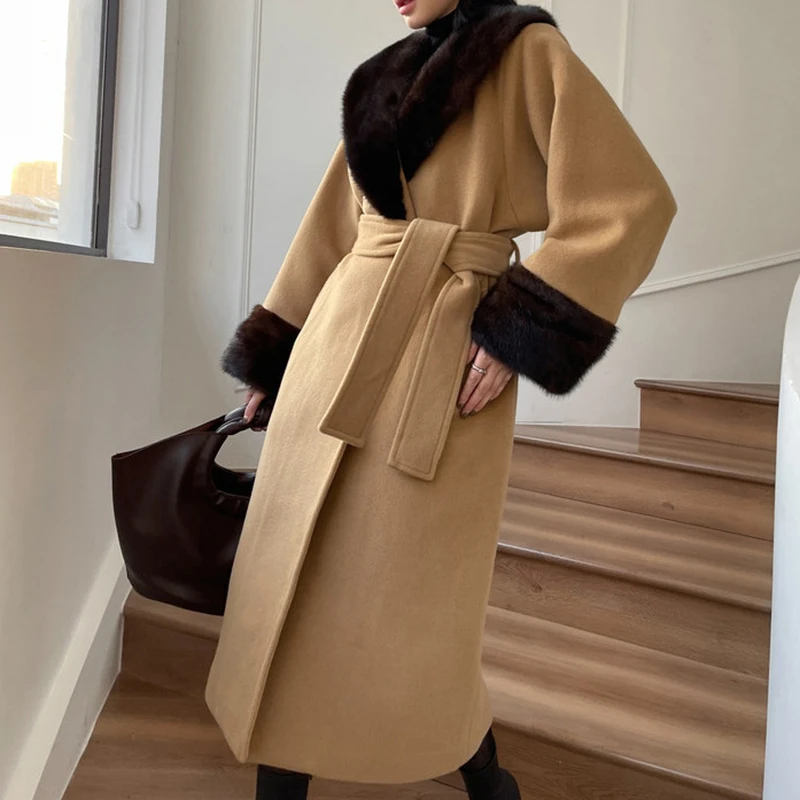 Woolen Coat Women Autumn Winter Royal Sister Style Nightgown with Mink Fur Collar and Cuffs Camel Long Wool Jackets Windbreaker