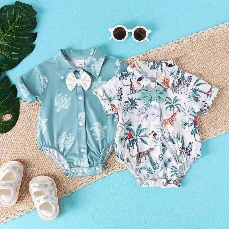 

0-18M Summer Baby Bodysuit Gentleman Style Handsome Comfortable Soft Floral Print Boys Girls Short Sleeved Newborn Clothes D2L