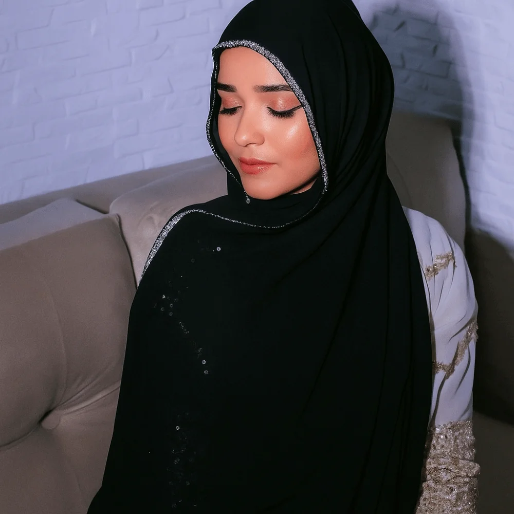 

Elegant Solid Color Ethnic Style Scarf Rhinestones Brim Long Islamic Turban Thin Sparkling Wraps Shawl Daily