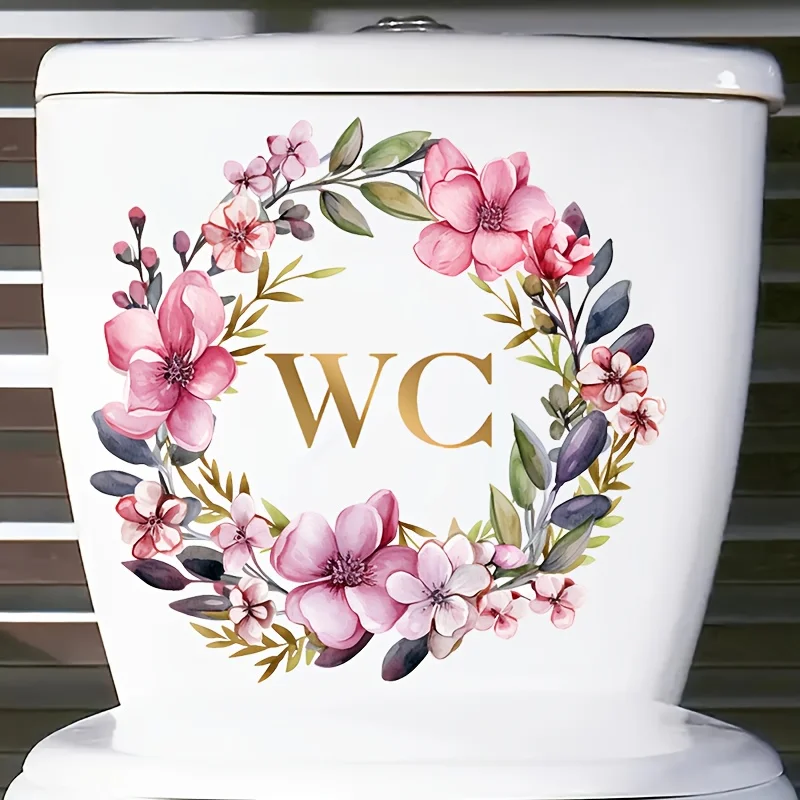 1Pc Pink Floral Toilet Door Sticker, Self-Adhesive Pvc Toilet Wall Sticker, Suitable for Toilet Seats, Bathroom Glass, Doors and Windows, and Wall Decals, Fun Stickers That Are Attractive and Practical, Easily Create a Warm and Fun Space, a Creative and Thoughtful Gift for Family, Friends, and Loved Ones
