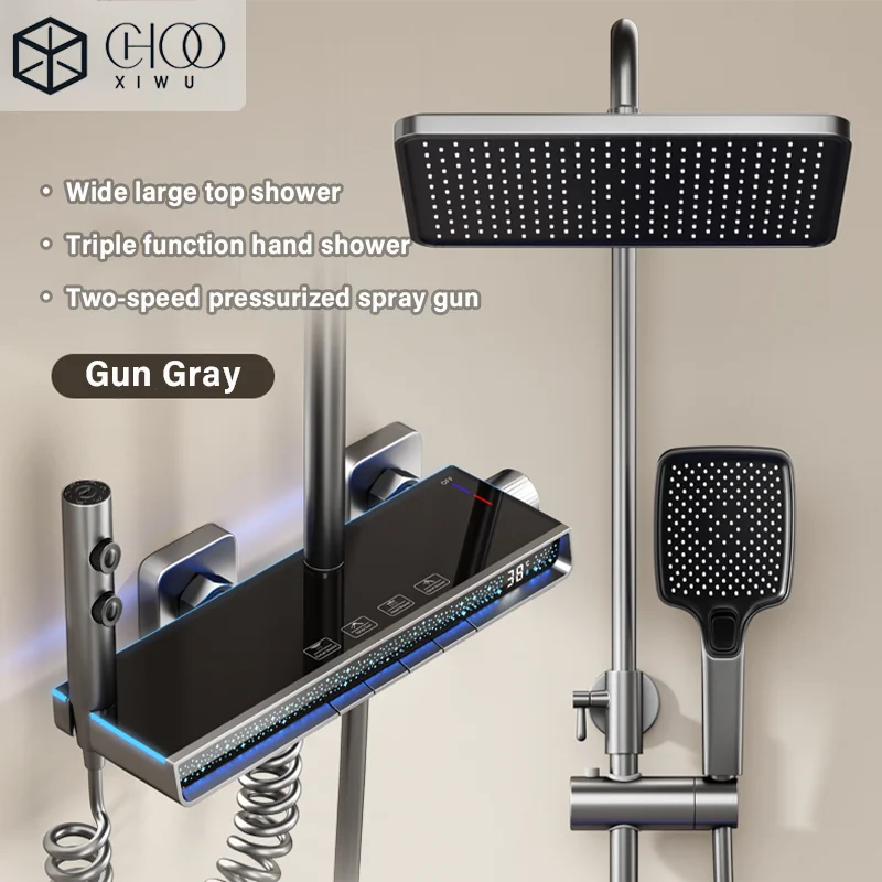 

Digital Display Hot Cold Shower Set Shower Faucet System Set Piano Button With Ambient Light Bathroom Faucets Shower Head